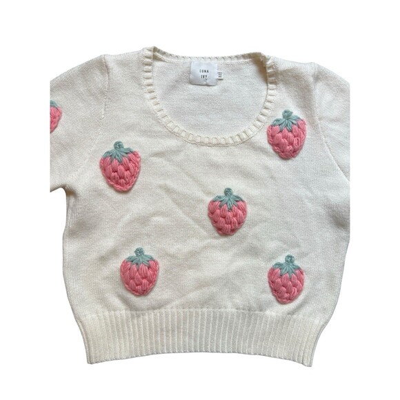 LUNA IVY Anthropologie Sweater Womens Sz XS Cream Crochet Strawberry - Picture 2 of 8